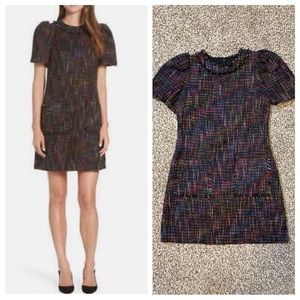 1901 Black & Rainbow Tweed Dress Short Sleeves Front Pockets & Frayed Details